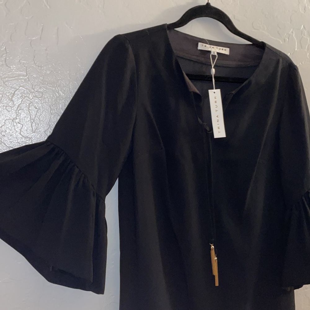 🎉HP🎉New! Trina Turk Scoop Neck Bell Sleeve Baroque Dress Black Size S✨ - Picture 13 of 14